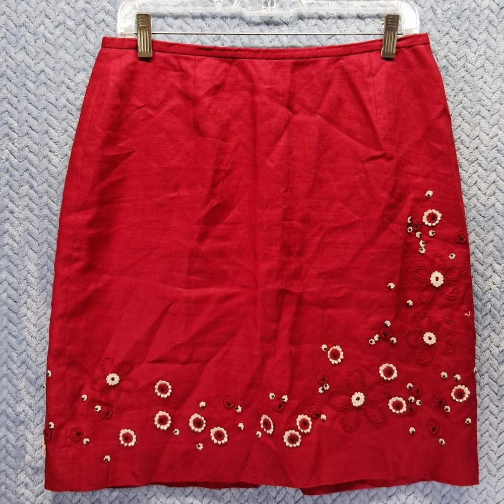 Ann Taylor Red 100% Linen Floral Embroidered Beaded Pencil Skirt Size 10 Summer